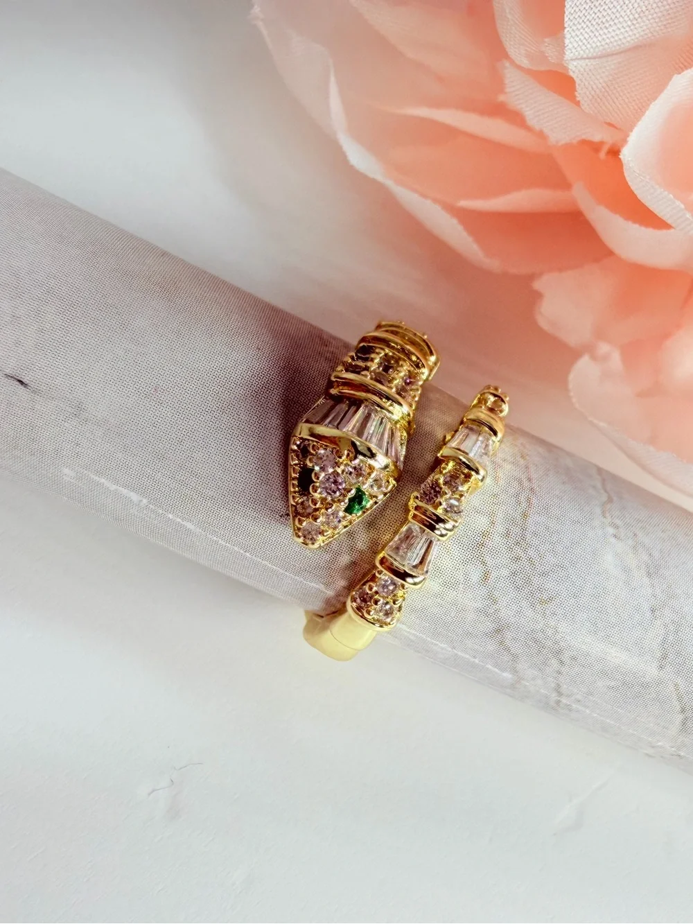 Gold Serpent-Style Ring with  Green Crystal Accents